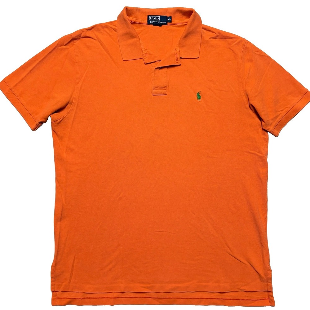 Vintage Polo Ralph Lauren Mens XL Orange Cotton Pique Polo Shirt Green Pony